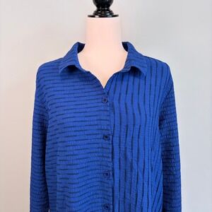 Habitat Tunic Blouse Front Button Lagenlook Artsy Flowy Stripes Blue Women's XL